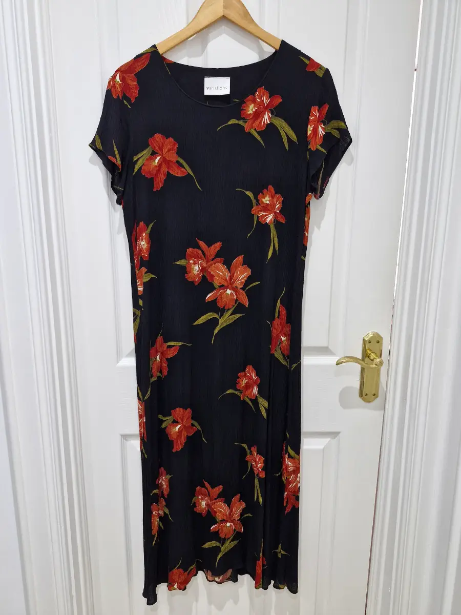 Variations..Black Orange Floral Long Dress ..Size 18uk..EXC COND