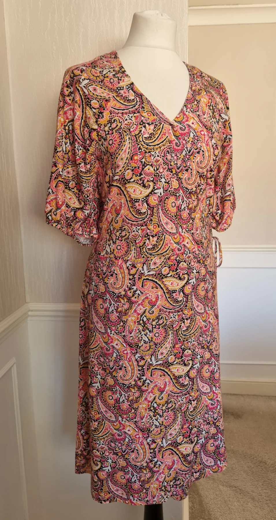 Next UK20 EU48 Stretchy Jersey Faux Wrap Paisley Pink Midi Dress