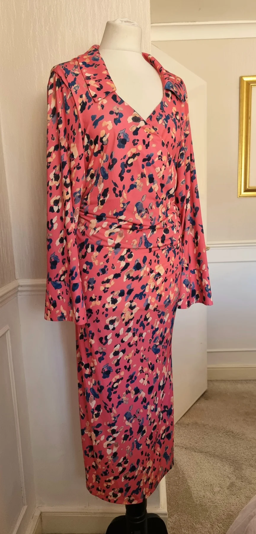 Monsoon XL UK20 Pink Navy Stretchy Faux Wrap Ruched Collared Long Sleeve Maxi Midaxi Dress