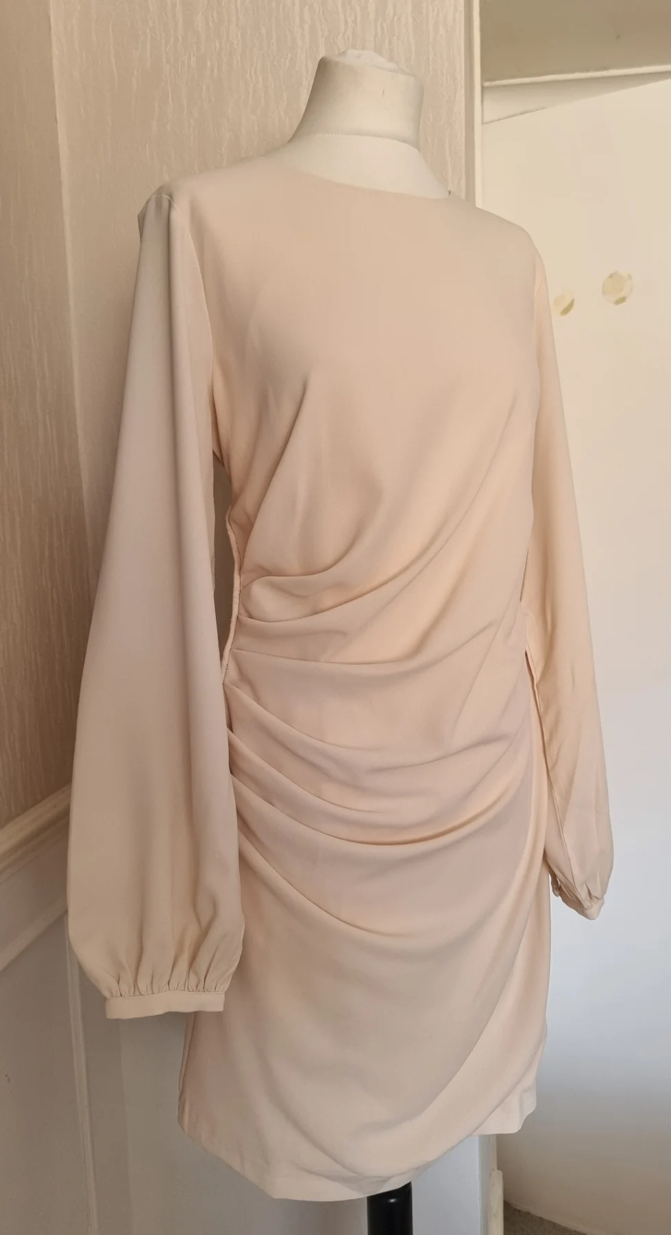 V by Very UK16 Beige Neutral Ruched Balloon Sleeve Long Sleeve Dress