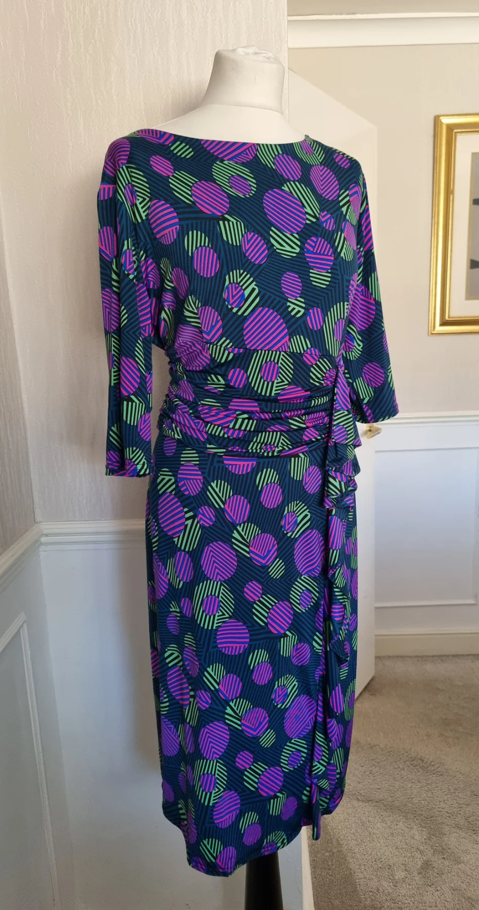 Onjenu UK18 Stretchy Faux Wrap Midi Dress Geometric Print Purple Green