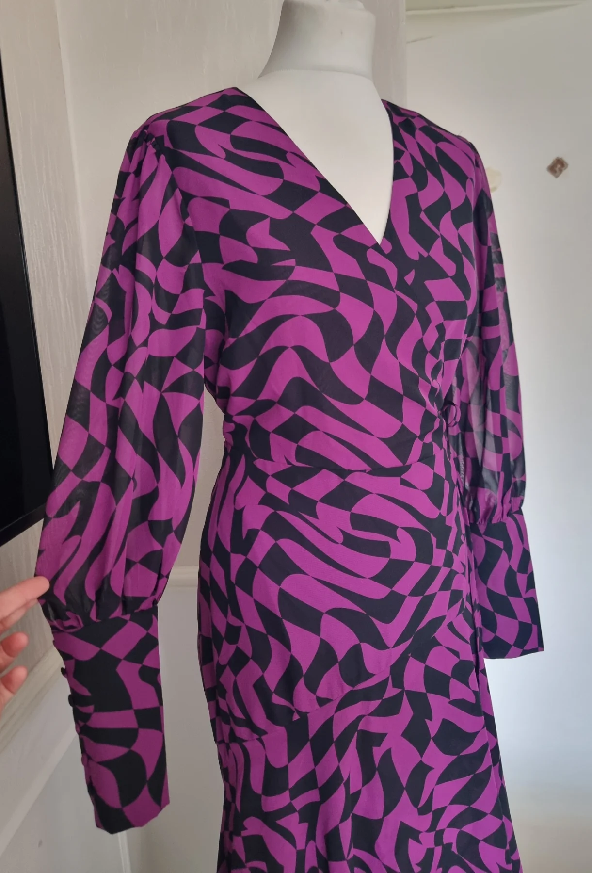 Joanna Hope UK12 Wrap Maxi Asymmetric Hem Balloon Cuff Sleeves V-Neck Purple Black Dress