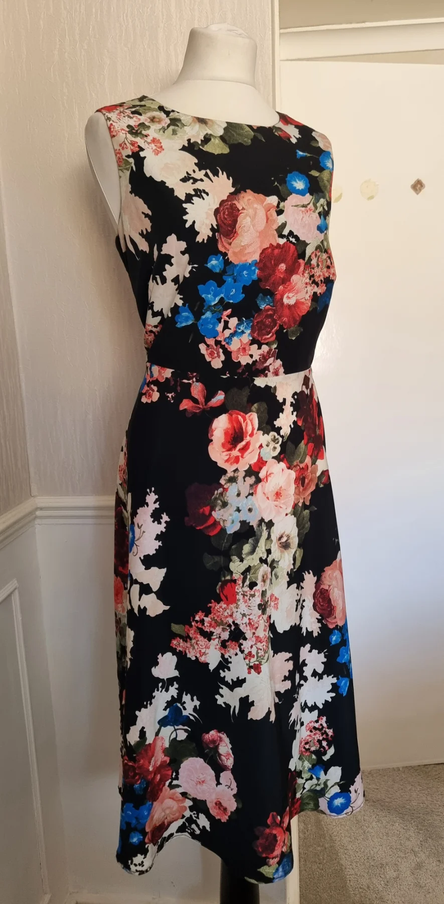 Papaya UK16 Sleeveless Floral Rose Black Multi Midi Dress Summer Work Holiday