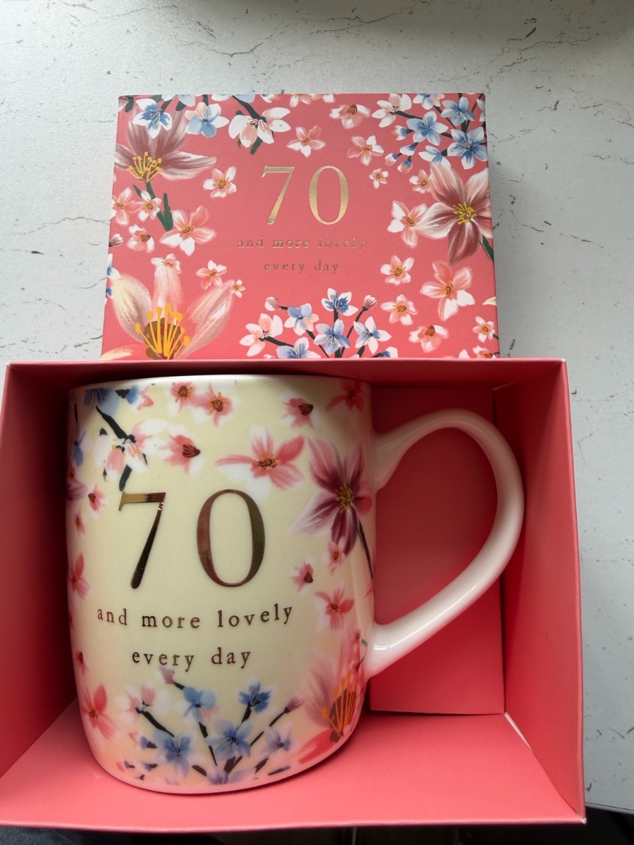 Gorgeous boxed 70th Birthday celebration mug lovely flower pattern on mug & box