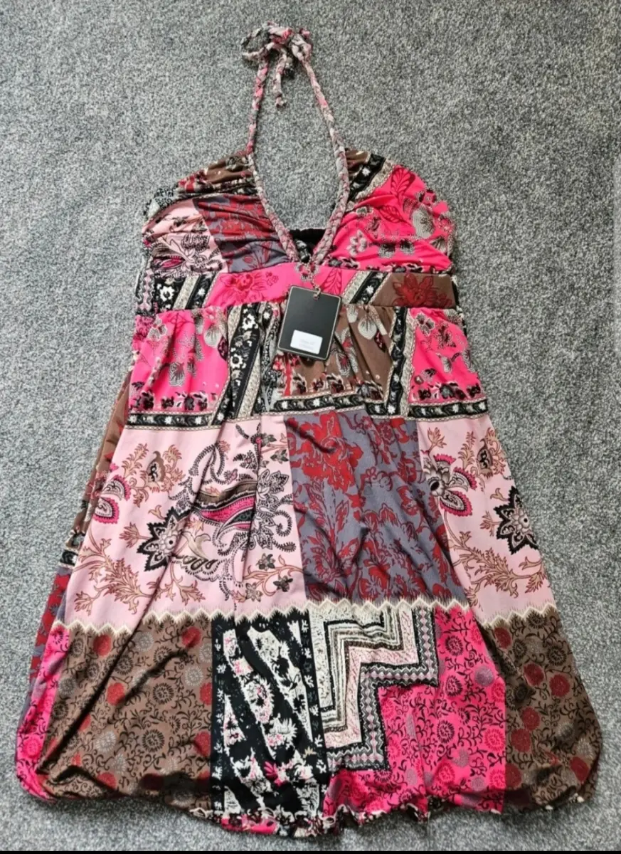 Patchwork Style Halterneck Dress, Tie Up Neck Elasticated Back Size 10