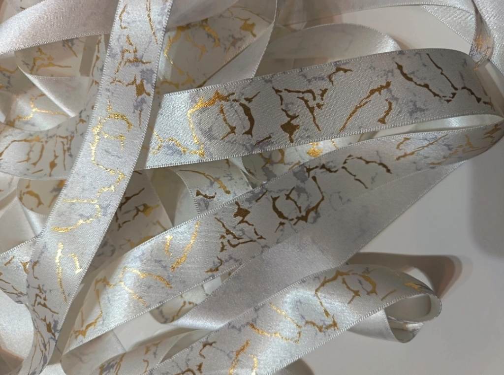 10 metres of Berisfords white gold marble print Satin ribbon 25mm width wedding