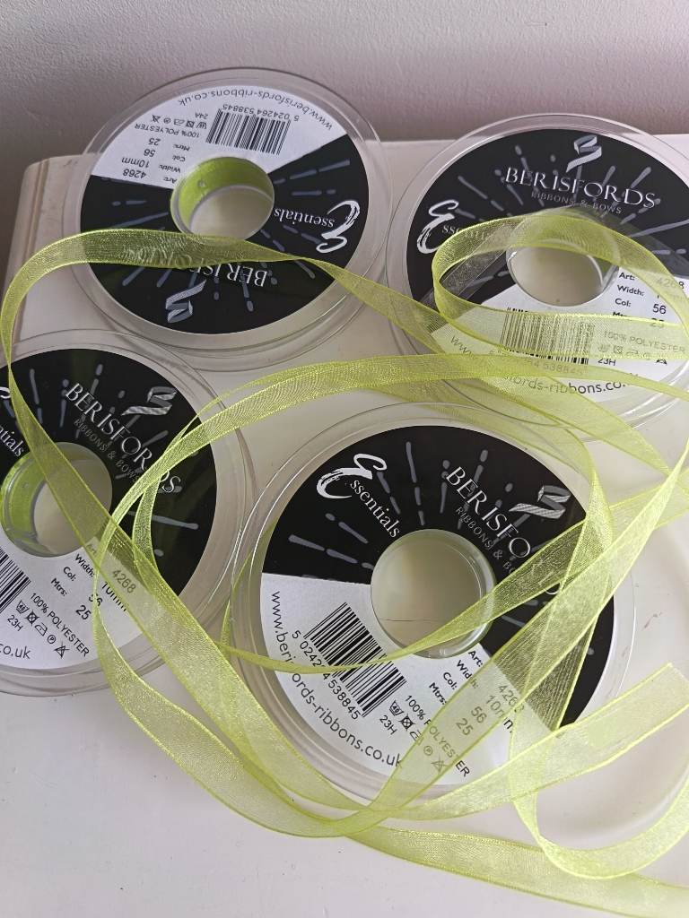 4 Rolls of Berisfords 10mm width super sheer ribbon lime green mint organza