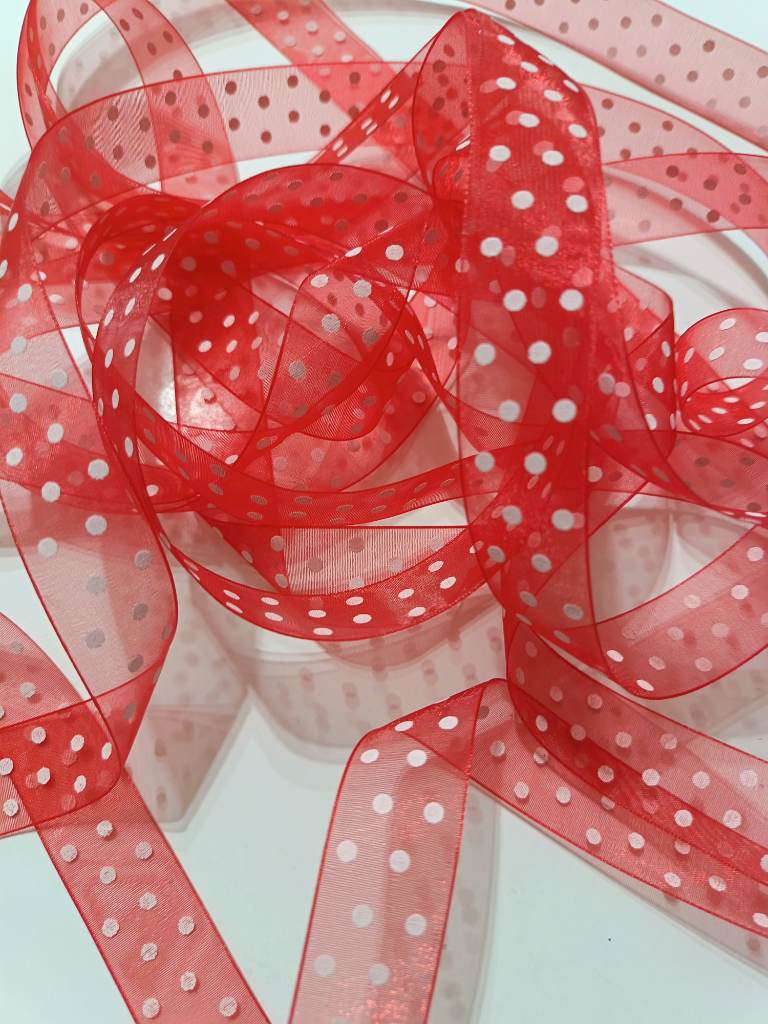 6 metres of club green red and white polka dot sheer organza ribbon 23mm width