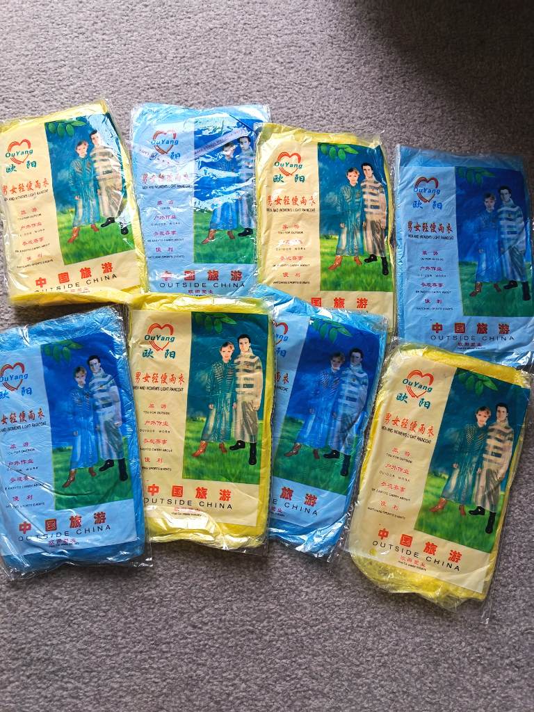 Bundle of 8 rain ponchos raincoat blue and yellow mens womens festival disposable