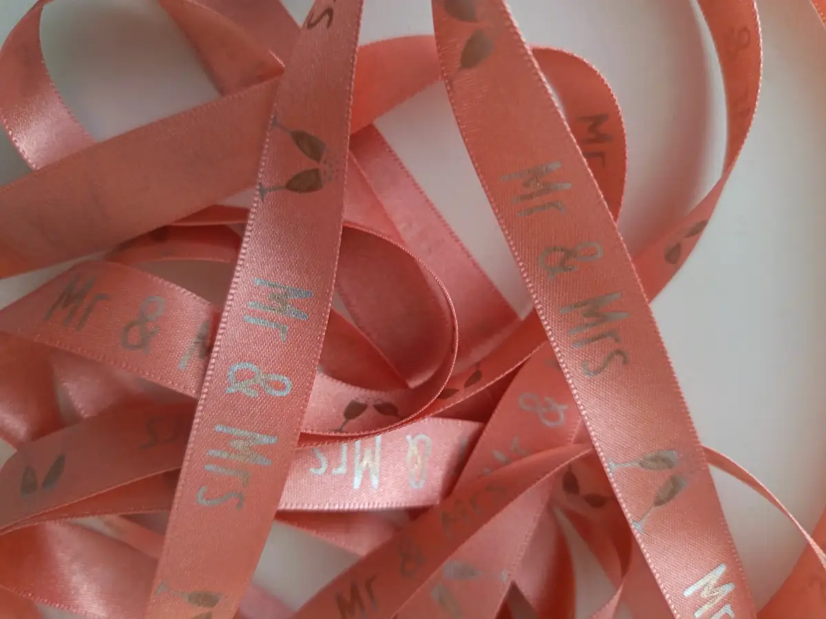 7.80 metres of Berisfords Mr & Mrs rose gold 15mm satin wedding ribbon dusky pink