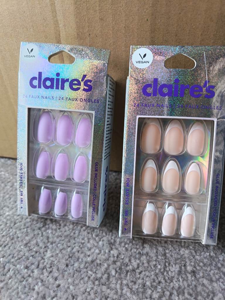 2 packs of Claire's faux nails french and lilac false fake vegan