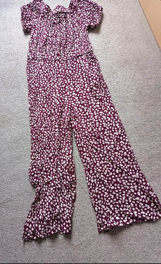 Burgundy and cream jumpsuit from Next size 6 off the shoulder 3/4 length