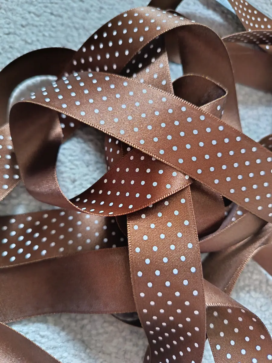 4.5 metres of Berisfords micro polka dot brown and white satin ribbon 25mm width