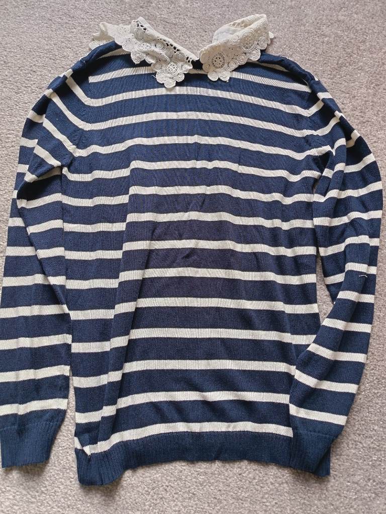 Primark Navy and white striped jumper top with lace collar size 8