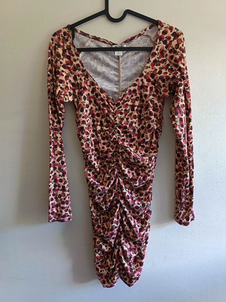 Monki floral print ruched dress size s small 8 / 10 pink burgundy cream