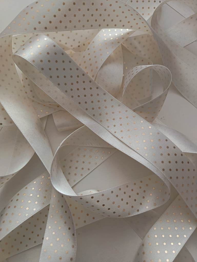 Berisfords white and gold shimmer spot polka dot satin ribbon 25mm width