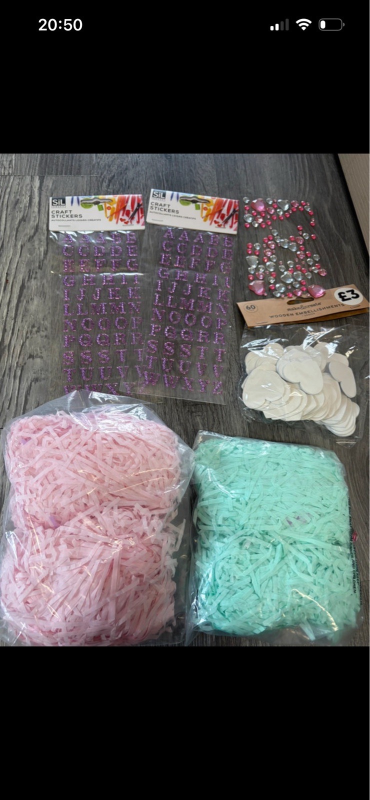 Craft Bundle – Glitter Letter Stickers, Gem Stickers, Wooden Hearts & Shredded Paper