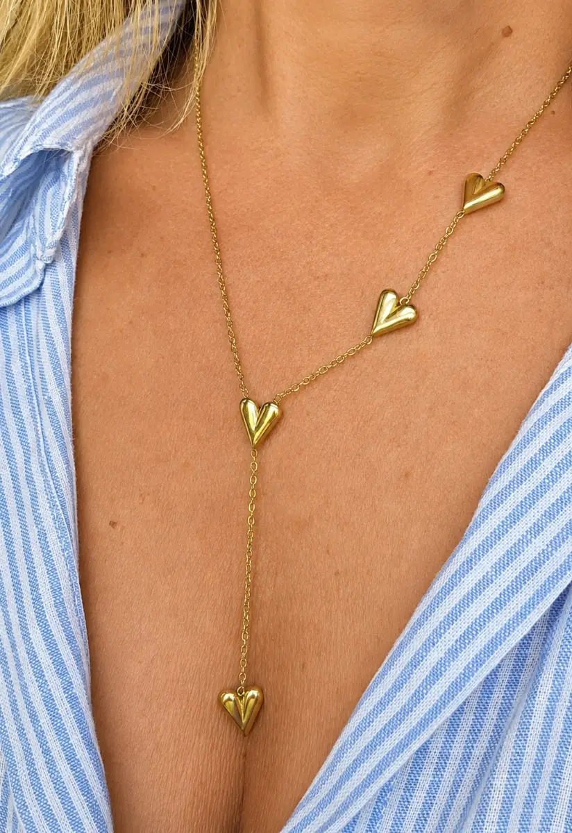 Gold Tone Multi Heart Y-drop Stainless Steel Necklace