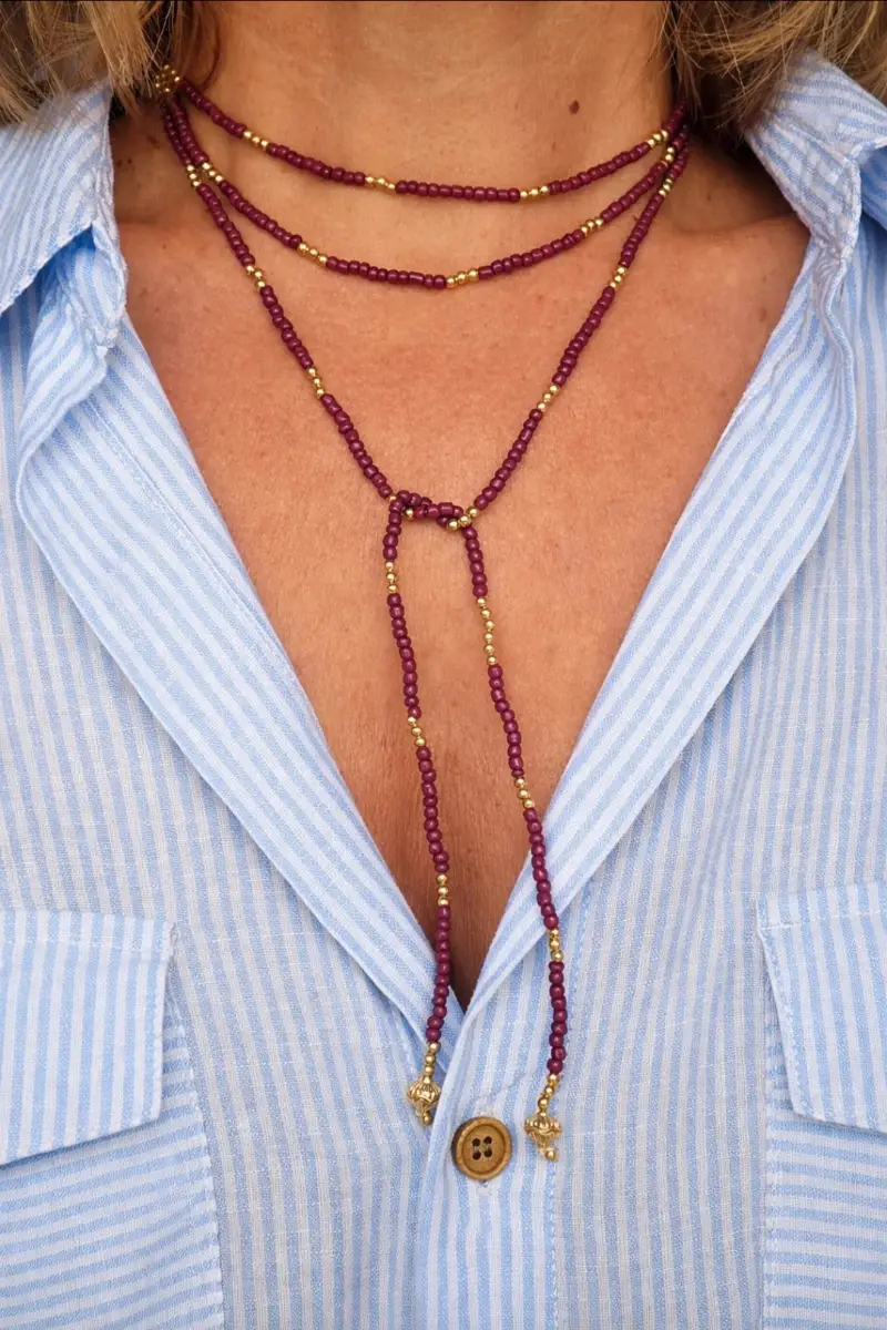 Bohemian Chic Gold & Burgundy Tone Beaded Lariat Necklace