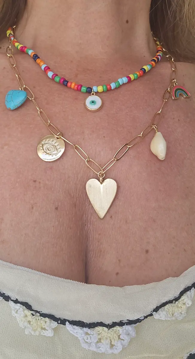 Boho Style Gold Tone Multi Charm Beaded Necklace