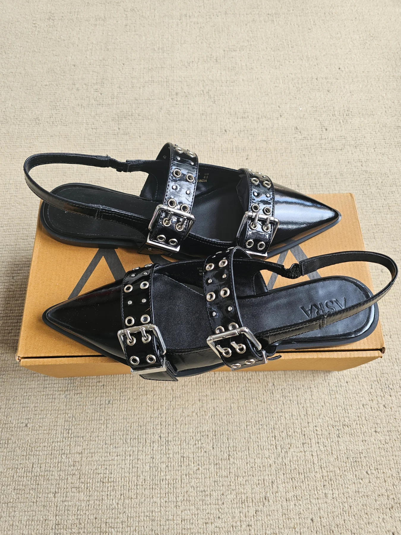 ASRA Black Patent Leather Metal Buckle & Studs New Slingbacks
