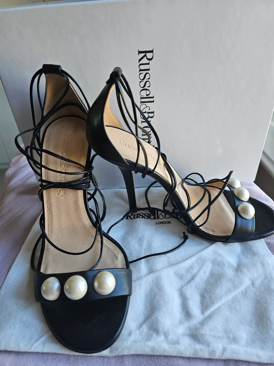 Russell & Bromley RISLEY Black Leather Pearl Lace Up Heel Sandals UK 4 EU37 BNWT