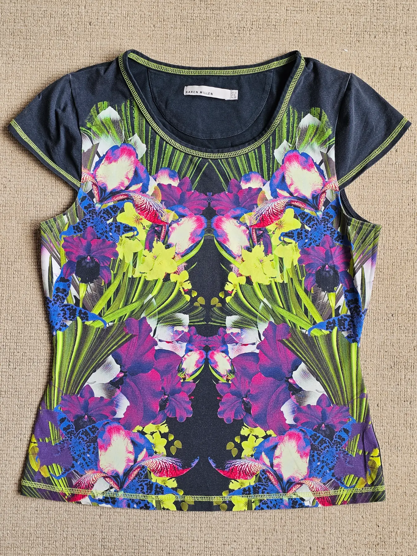 Karen Millen Y2K Psychedelic Multicoloured Cotton T-shirt Top, size 10