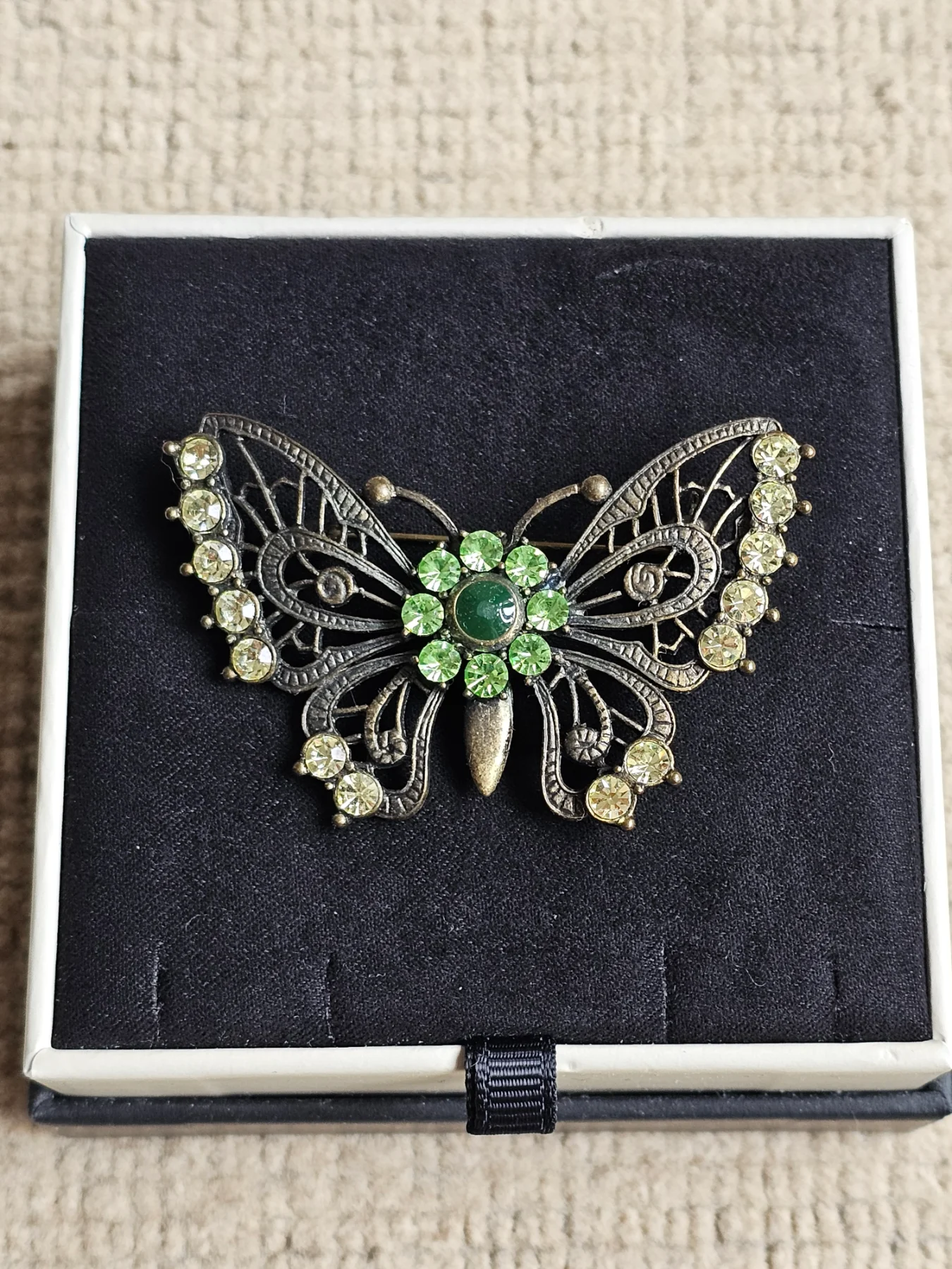 Vintage Butterfly Green and Clear Crystals Broach