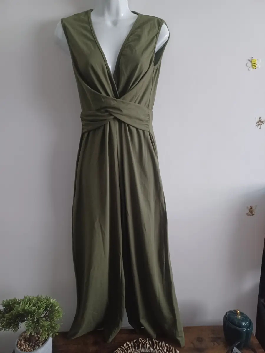 Khaki Green Cross Front Jersey Sleeveless Jumpsuit Small