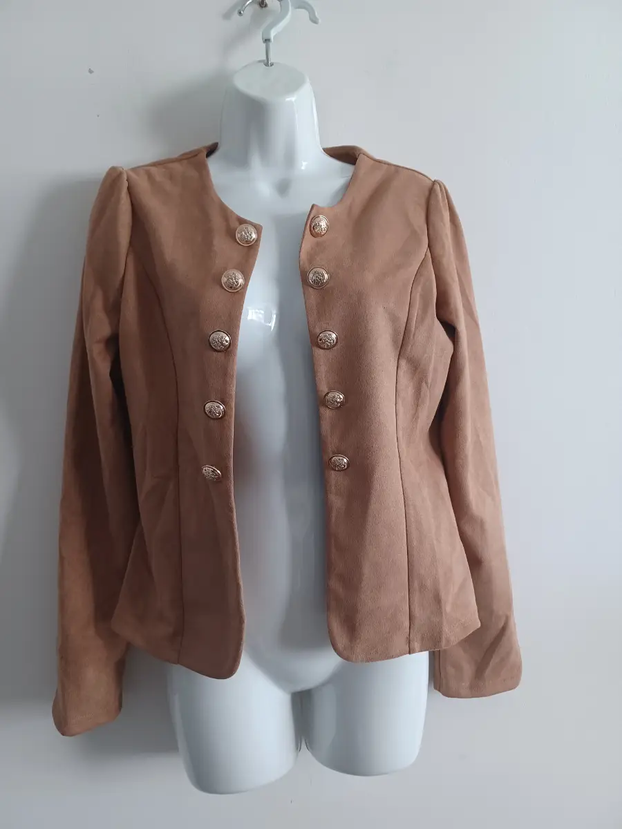 Tan Suedette Fitted Jacket With Gold Buttons Medium