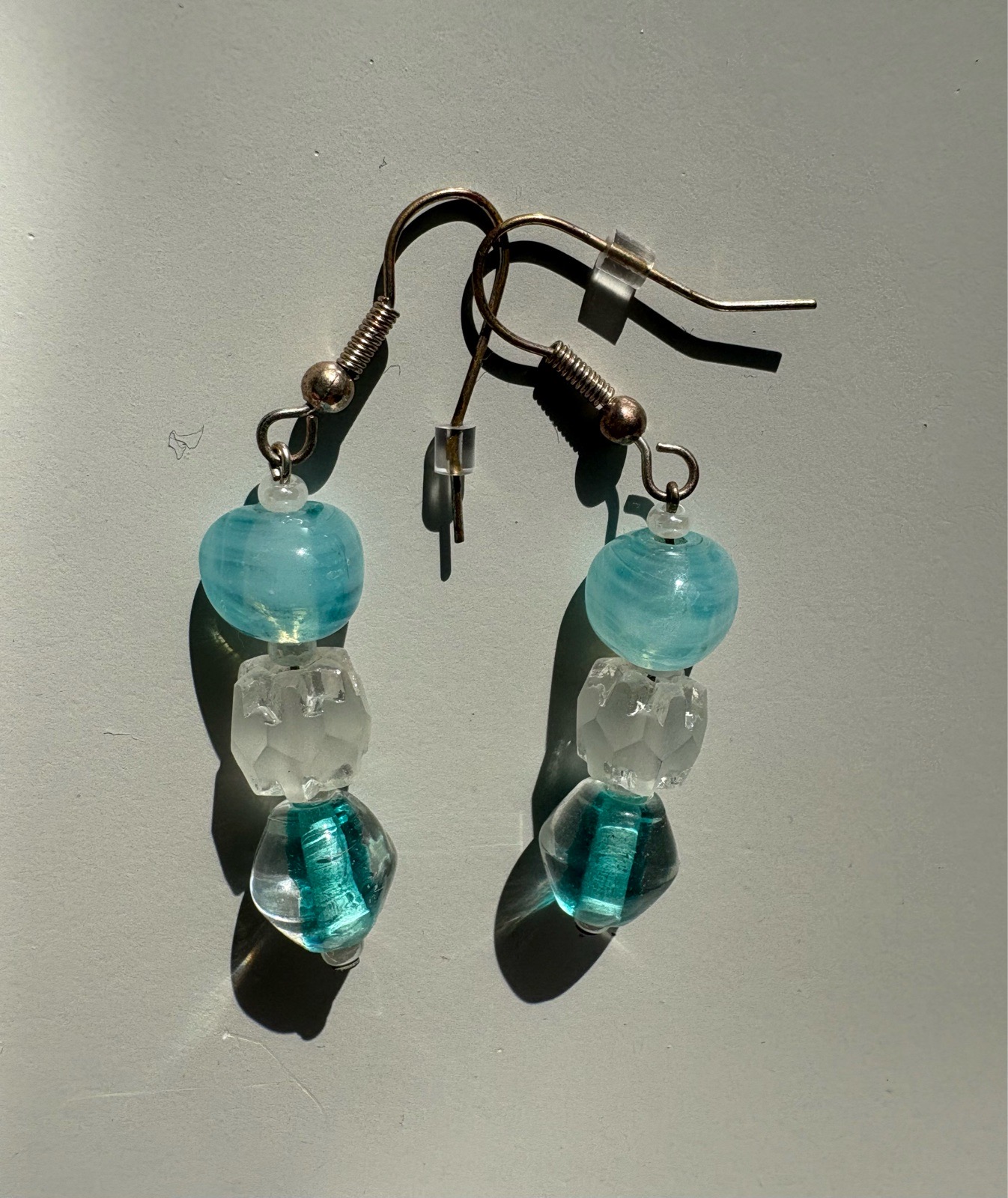 Blue Glass bead dangle earrings on fishhooks