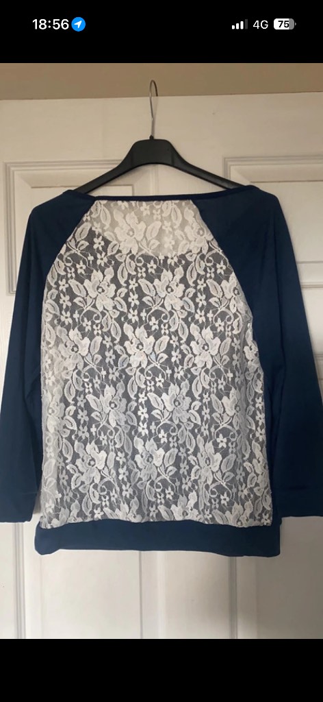 Full flower lace back navy blue long sleeve top
