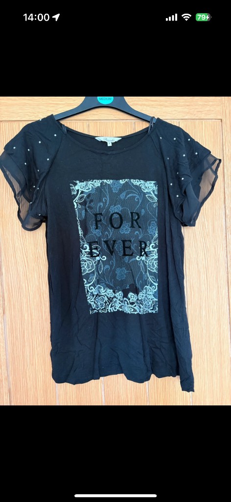 Peacocks Forever black frill sleeve top size medium