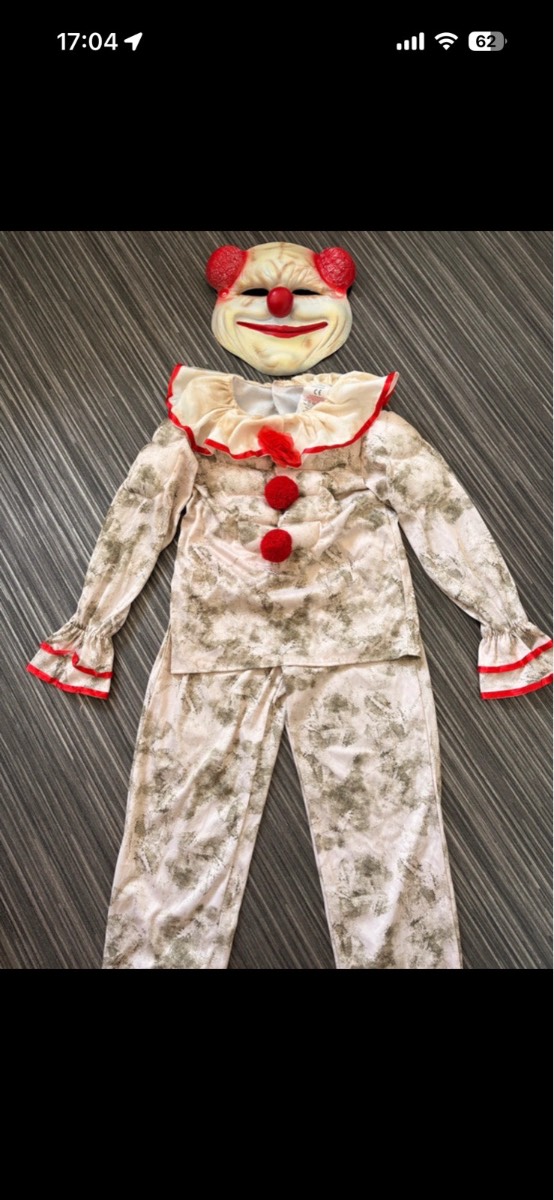 Kids children’s clown fancy dress up party costume Halloween scary fright top, trousers and mask