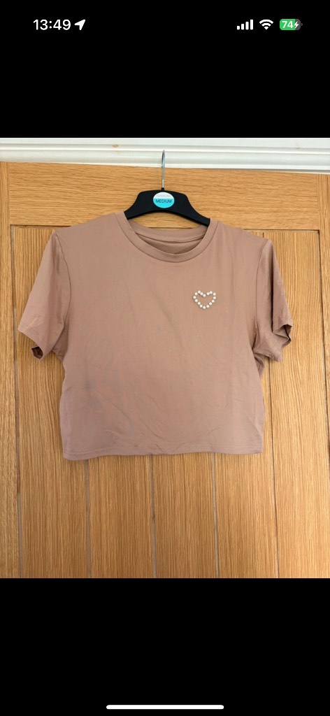 Shein pearl dusty pink heart logo crop top tshirt size large