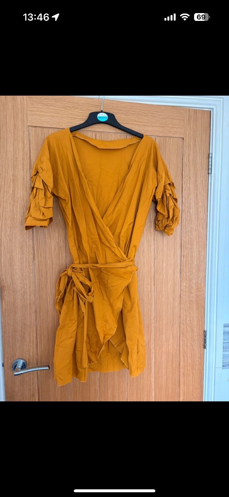 Made in Italy mustard wrap mini dress top