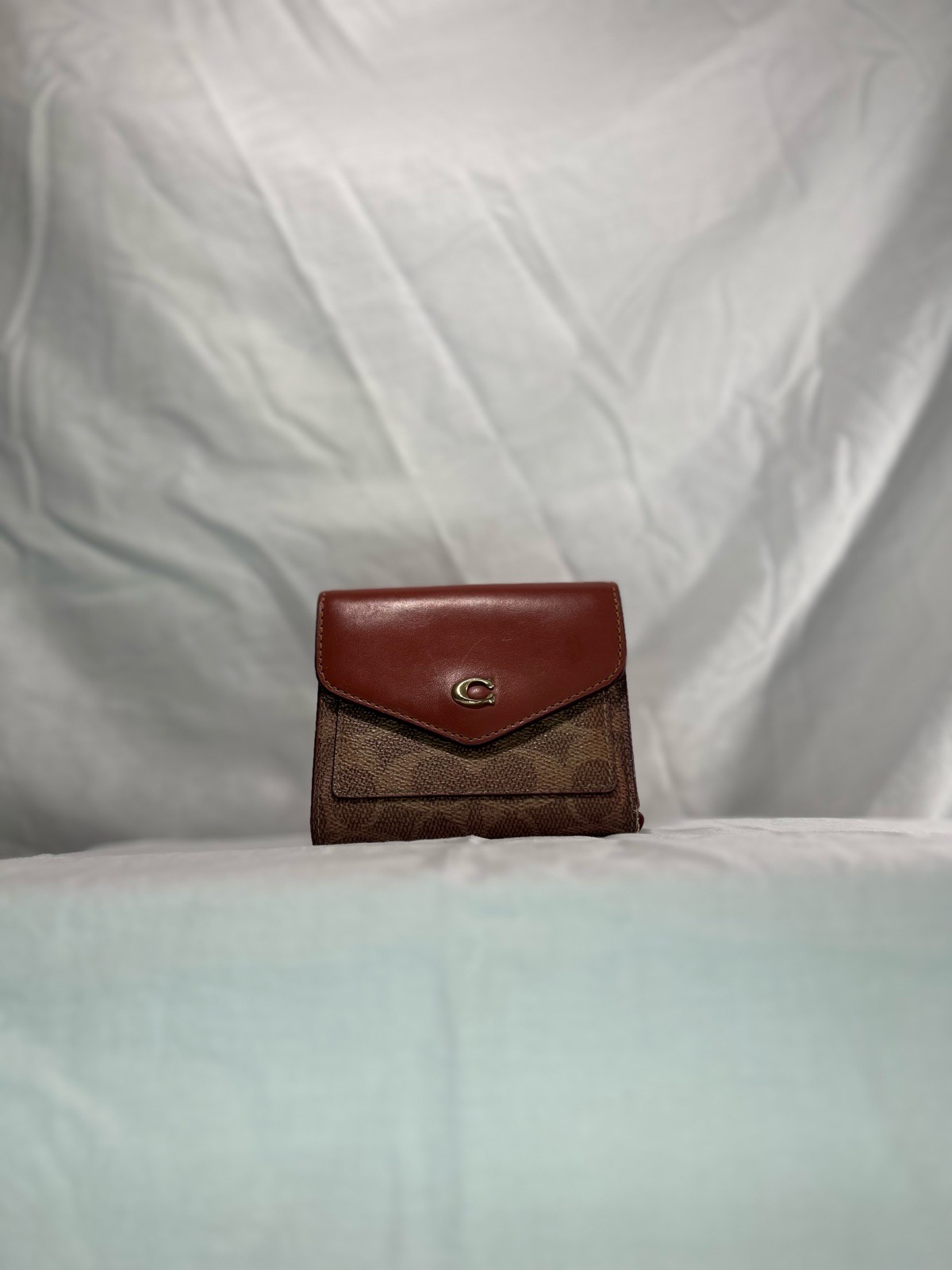 Coach Signature C Canvas Leather Trifold Wallet Purse Brown Burgundy