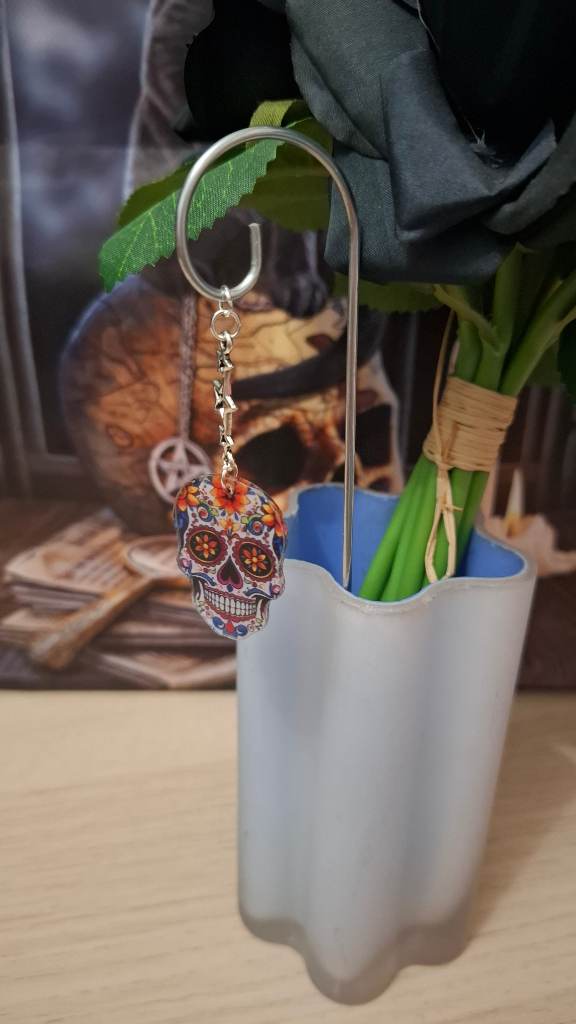Sugar skull acrylic hanging plant or vase decorative stake.