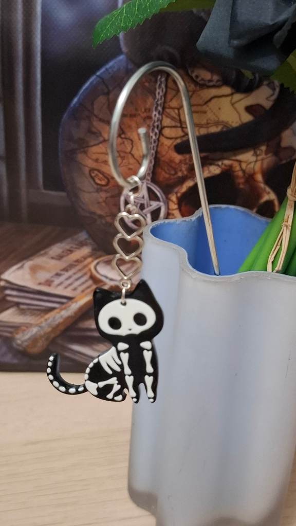 Skeleton cat acrylic hanging charm plant or vase decorative stake.