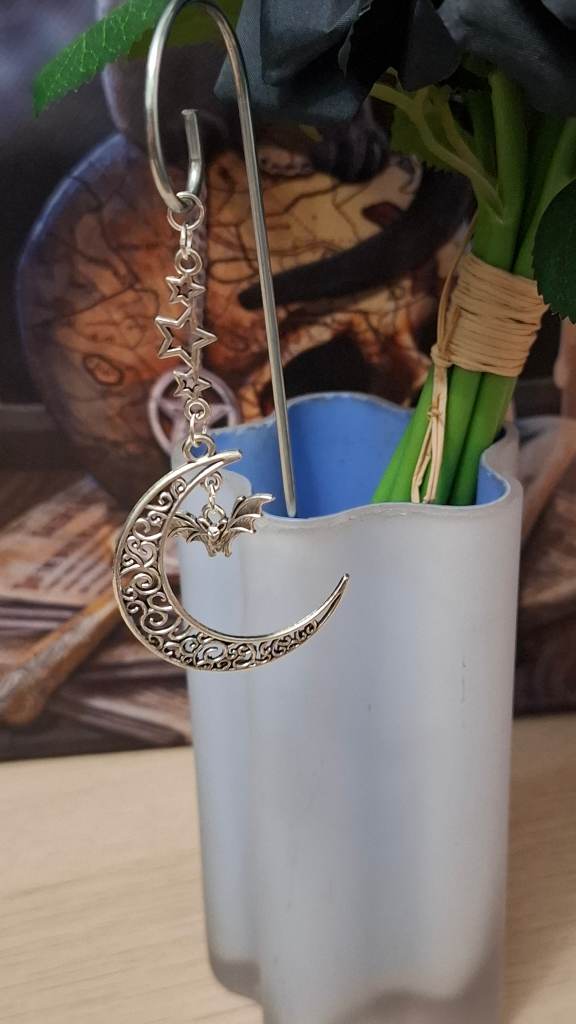 Filigree Silver moon and hanging bat charm plant or vase decorative stake.