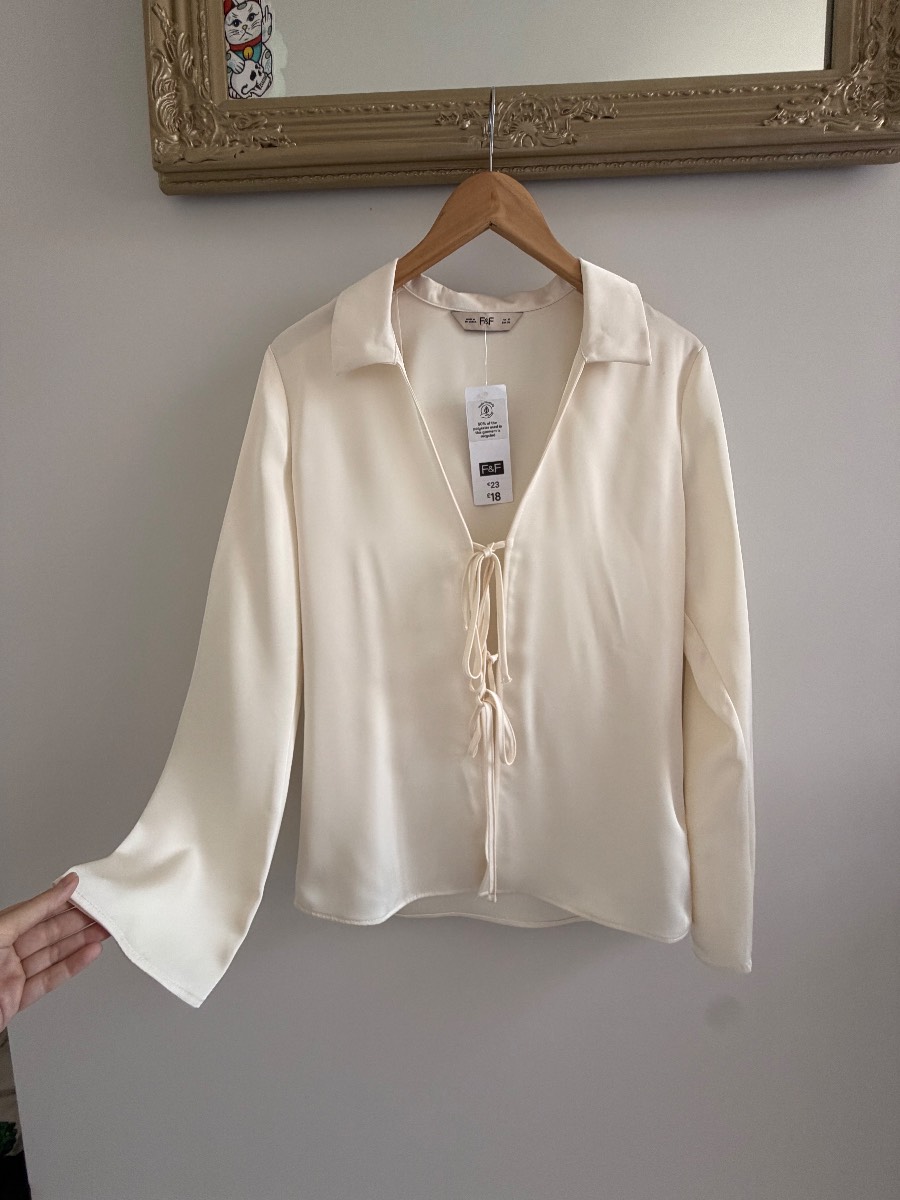 F&F size 10 cream ivory long sleeve tie up front bow elegant blouse top shirt