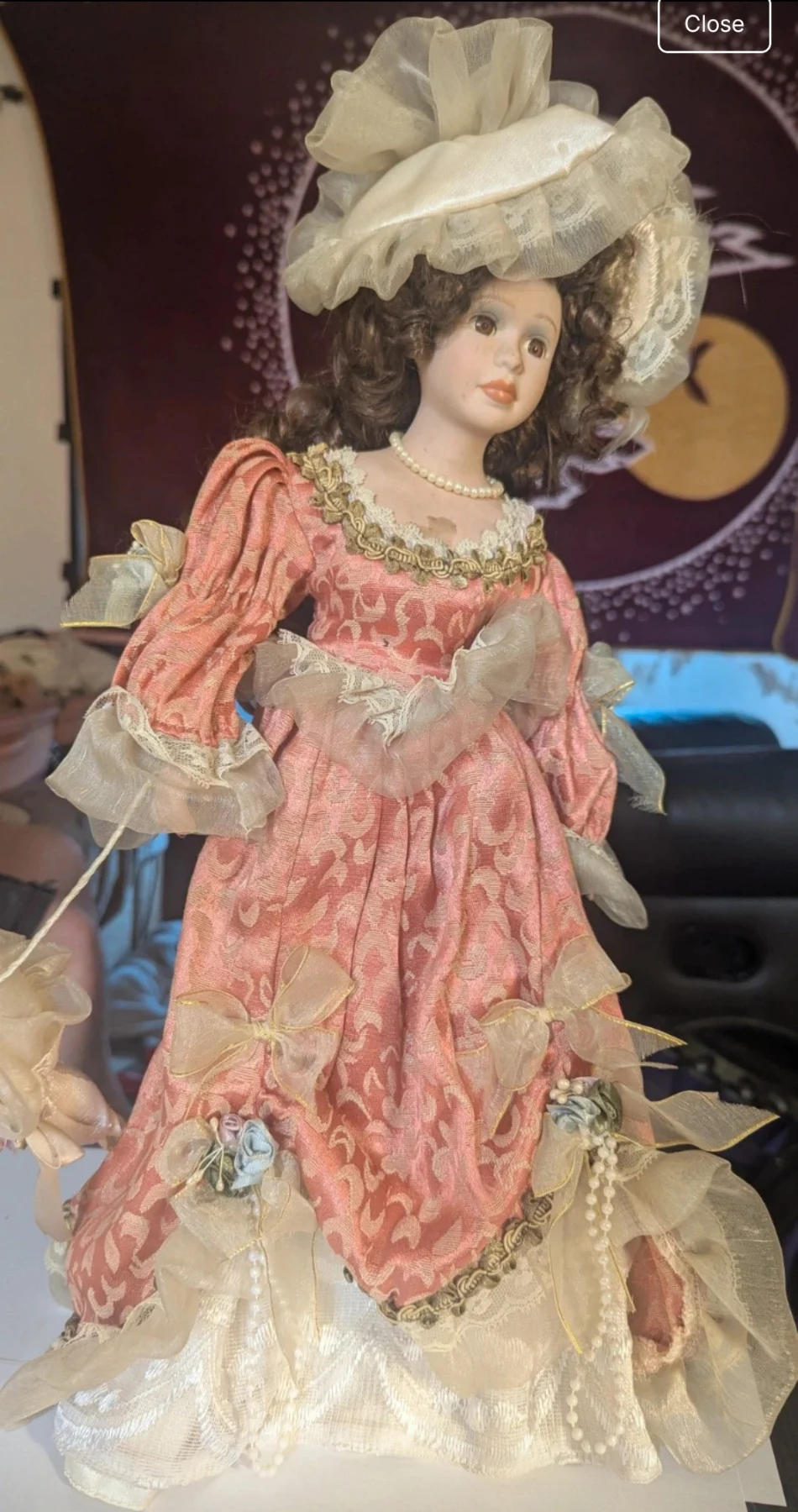 Beautiful Vintage Victorian Style Porcelain Collector Doll - Pink & Gold Brocade