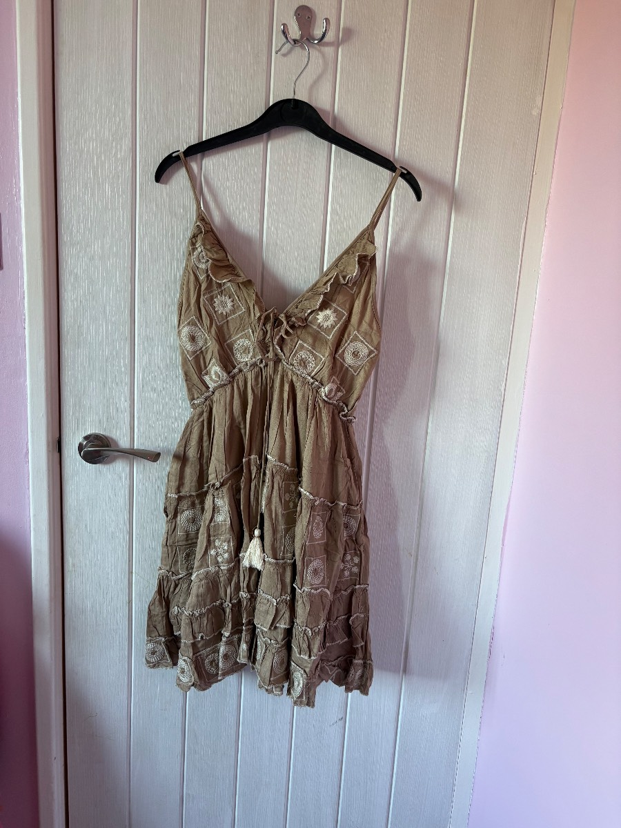 Pipa Pia Embroidered Boho Mini Dress Beige/Taupe 100% Viscose