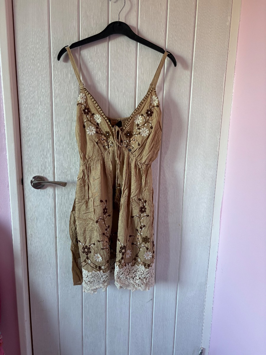 Papa Pia Embroidered Boho Cami Dress – Beige/Tan with Lace Hem