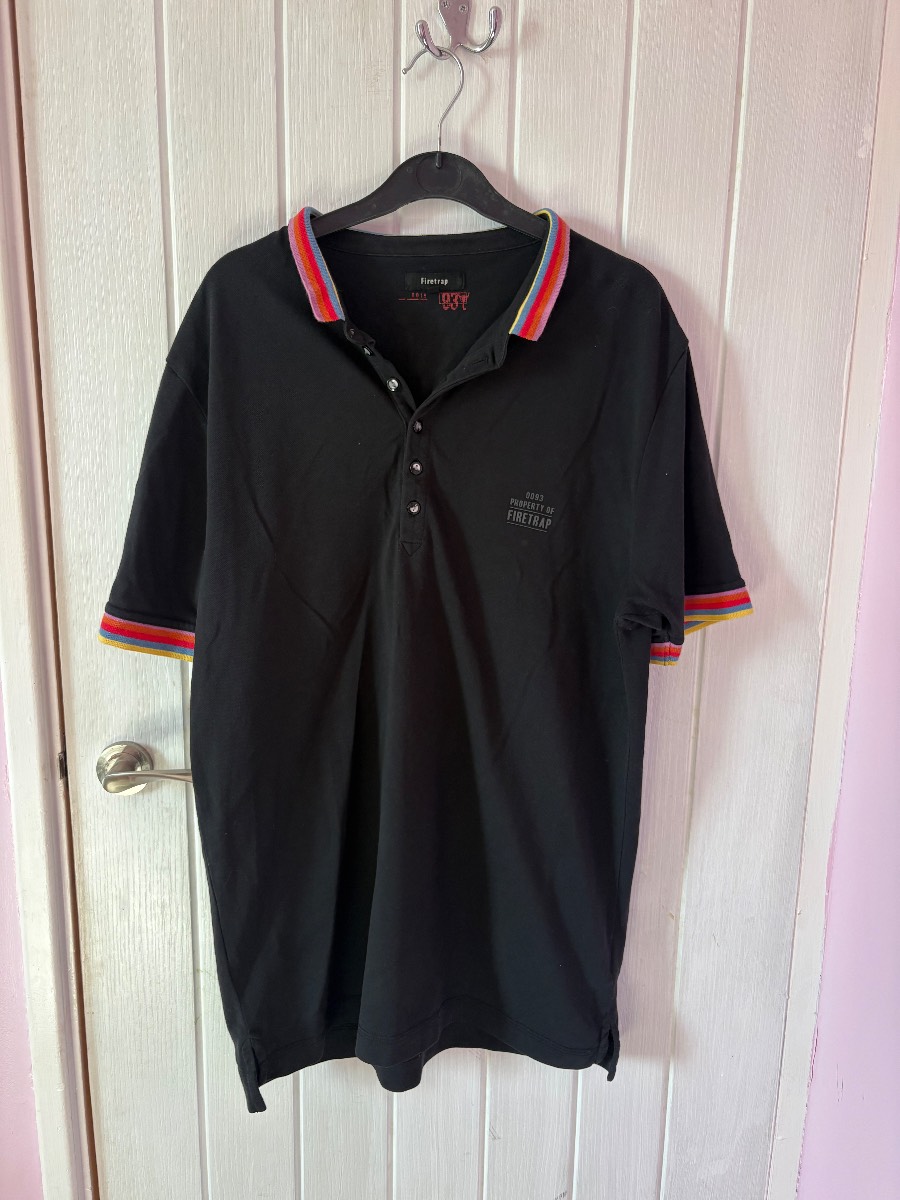 Firetrap Black Polo Shirt with Multicoloured Trim Xl Good Used Condition