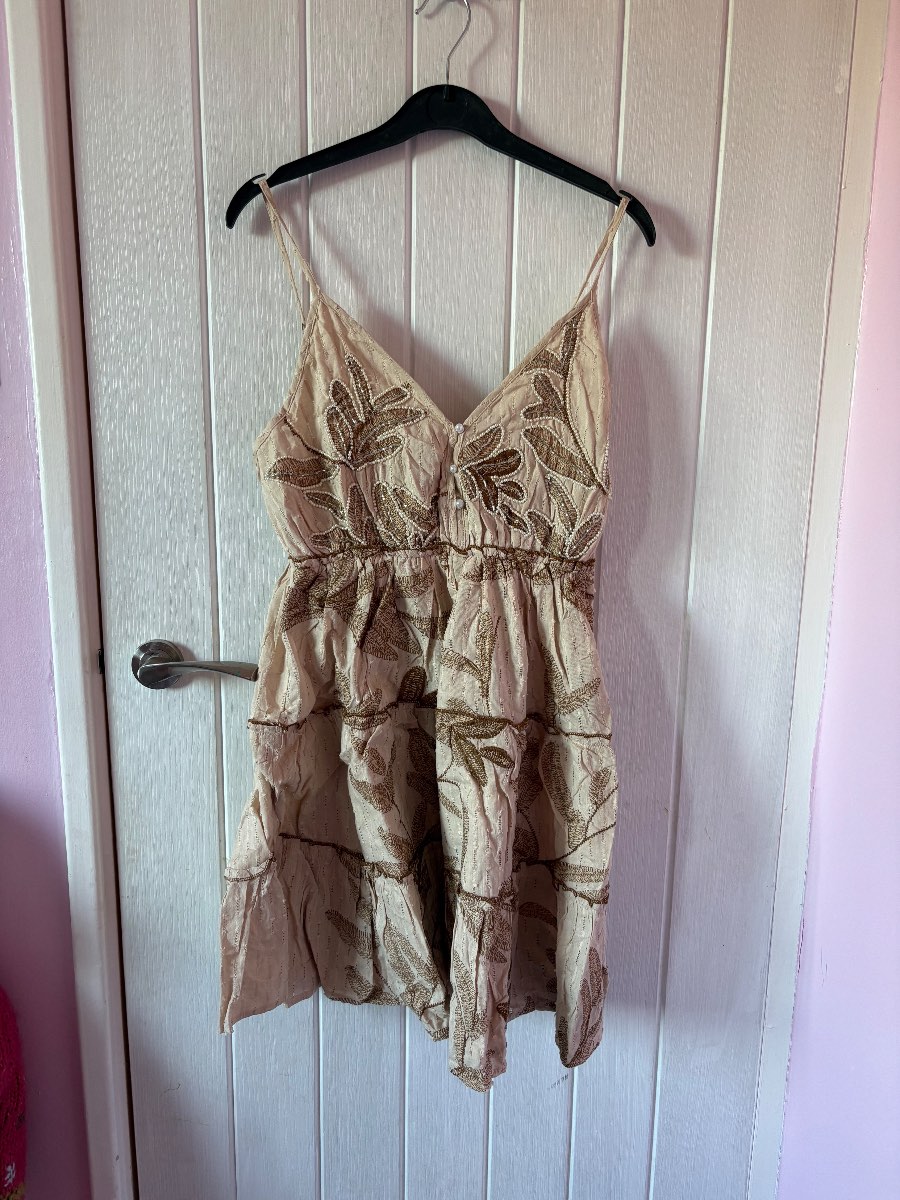 Papa Pia Cream & Gold Embroidered Cotton Cami Mini Dress