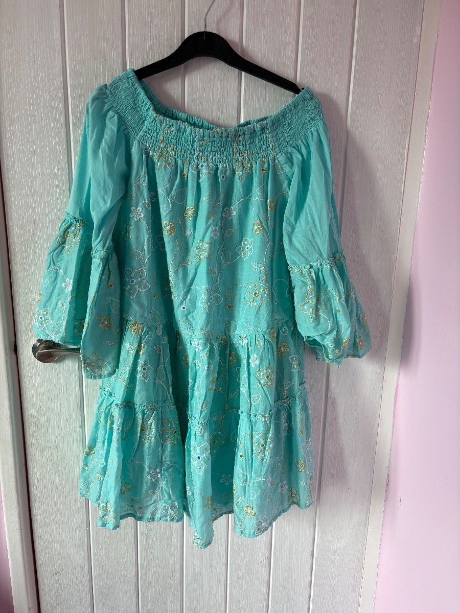 Sumitra Turquoise Embroidered Boho Dress – Free Size – NWT