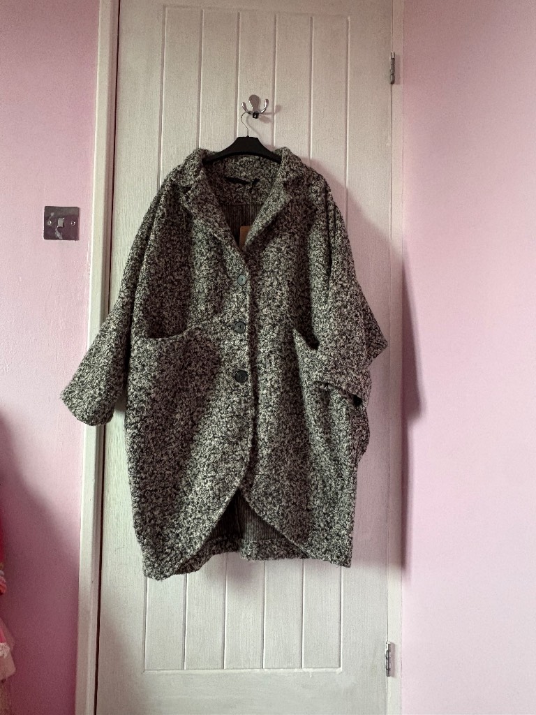 Grey Bouclé Button Coat