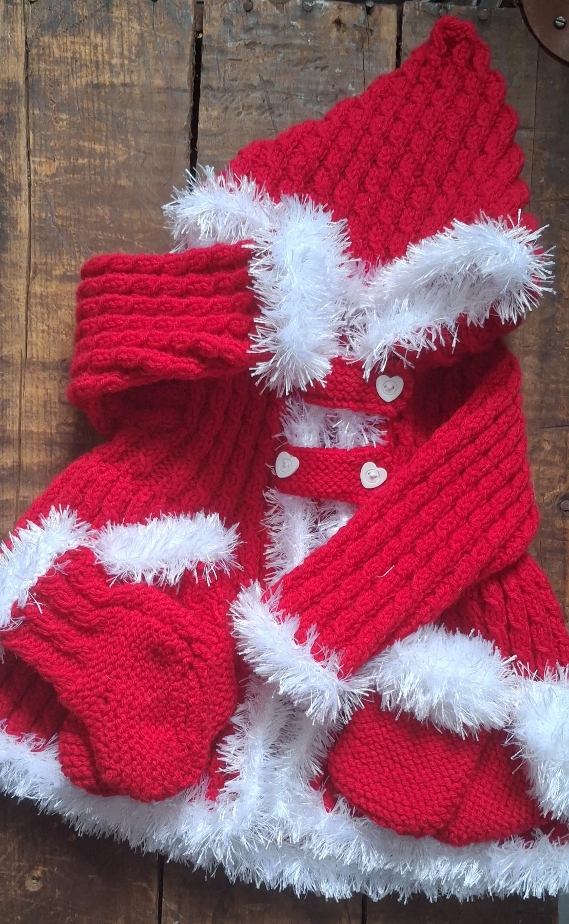 Hand knitted  cardigan with hood, mittens and bottees