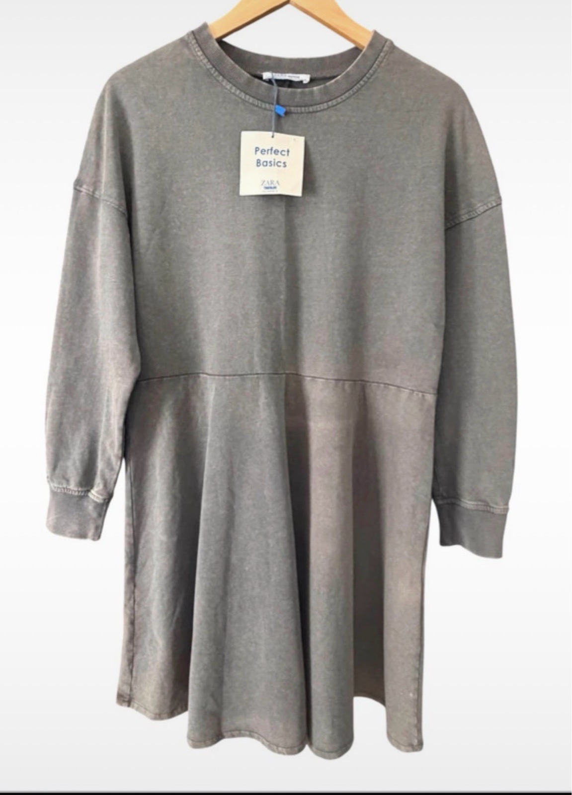 BNWT Zara Trafaluc Washed Grey Sweatshirt Dress Size S UK 8 Cotton Peplum